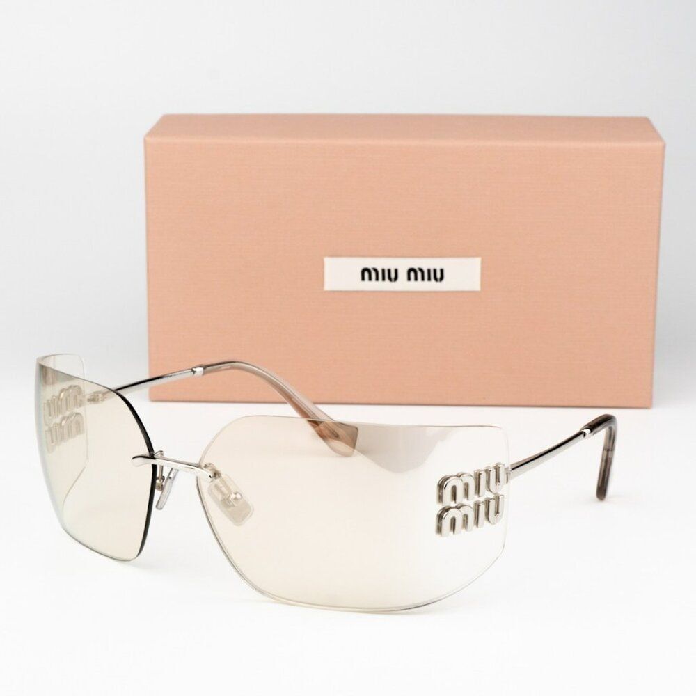NEW Miu Miu MU54YS 1BC10F Silver Mirror Wraparound Rimless Women Sunglasses